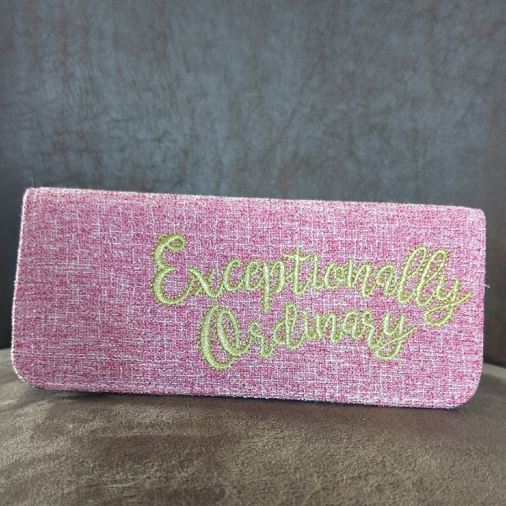Pink Eyeglass Case with Embroidered Text